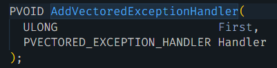 Function prototype of AddVectoredExceptionHandler used to register the handler function.