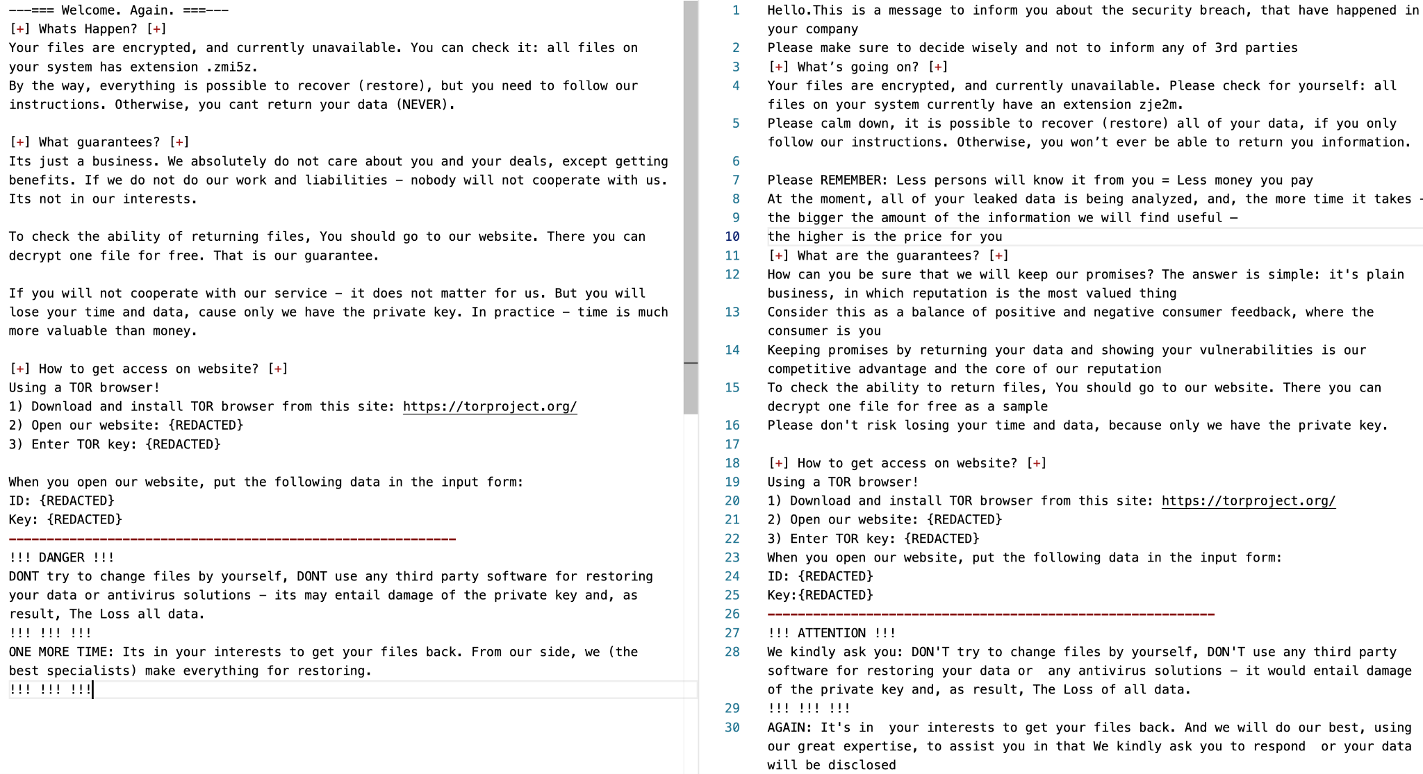 Side by side comparison of two Ransom Cartel notes. The note on the left, first observed January 2022, and includes the following sections: What's Happen, What Guarantee, How to get access on website? A section at the bottom titled "Danger" warns against attempting to restore data. The note on the left, first observed in August 2022, is longer and includes the following sections: What's going on?, What are the guarantees?, How to get access on website? A section at the bottom titled "Attention" warns against trying to restore data yourself. The note warns about involving third parties throughout. 