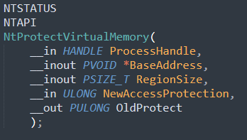 Code snippet showing NtProtectVirtualMemory prototype.