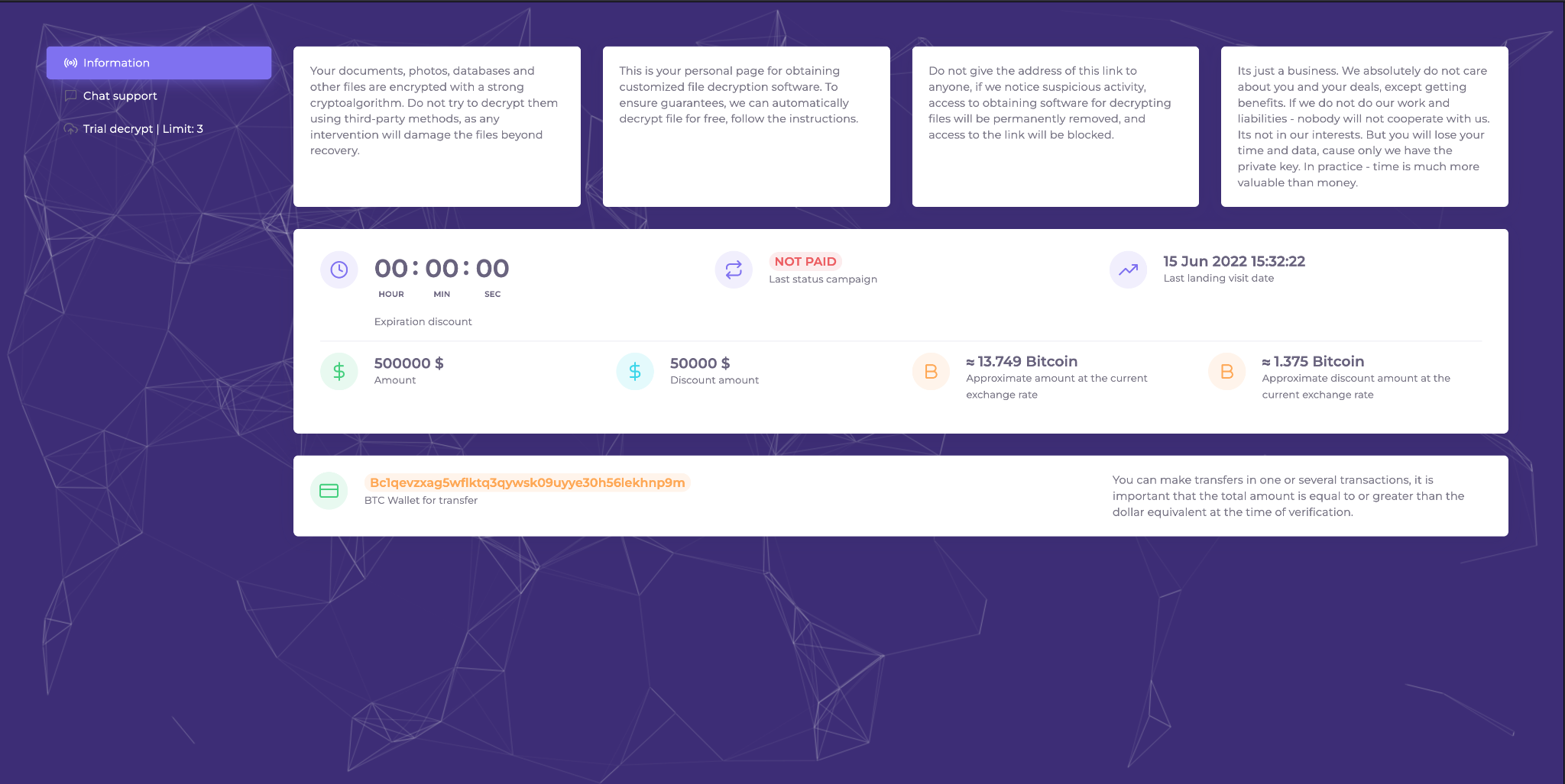 The Ransom Cartel TOR site after login includes sections titled "Information," "Chat Support" and "Trial decrypt: Limit 3." A dashboard includes explanations of the threat actors' desired process as well as info on ransom status, time to pay and currency demanded. The threat actors' Bitcoin wallet is also shown. 