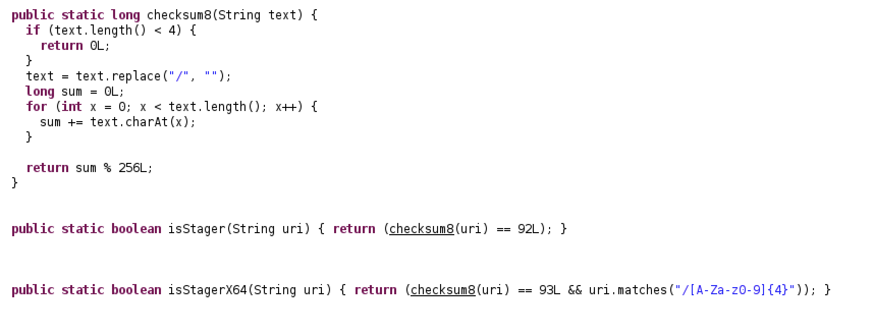 Image showing code to check the URI checksum. For 32-bit payloads, the code compares the URI checksum result to the literal integer 92L. For 64-bit payload requests, the algorithm compares the checksum to 93L.