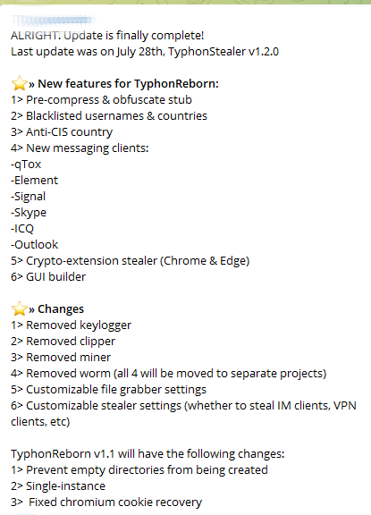 Telegram message listing new features and changes in Typhon Reborn.