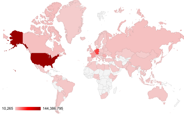 Network security trends heat map where attacks appear to originate. The United States is deepest red, followed by Germany and the Netherlands