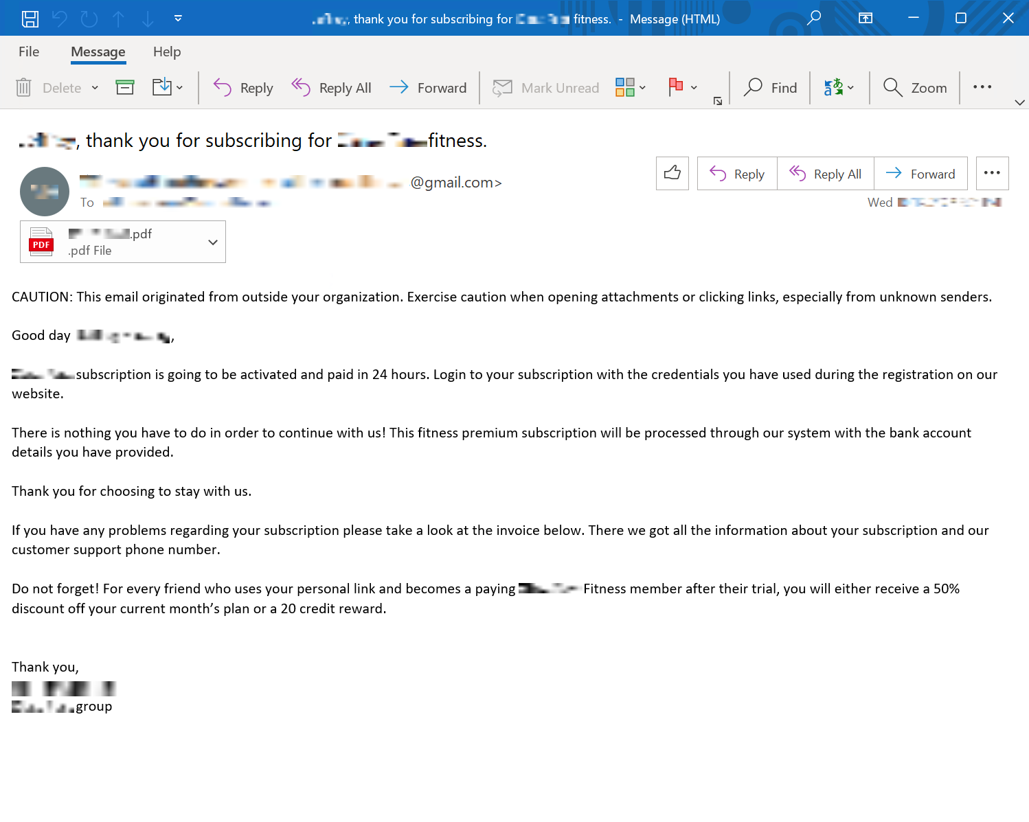 Phishing image, with subject line including "thank you for subscribing". Body of the email indicates that the subscription will be activated and paid in 24 hours. It also instructs the target to look at the attached invoice if they have any problems, and directs them to call their "customer support" number. The scheme, used by Luna Moth, is known as callback phishing.