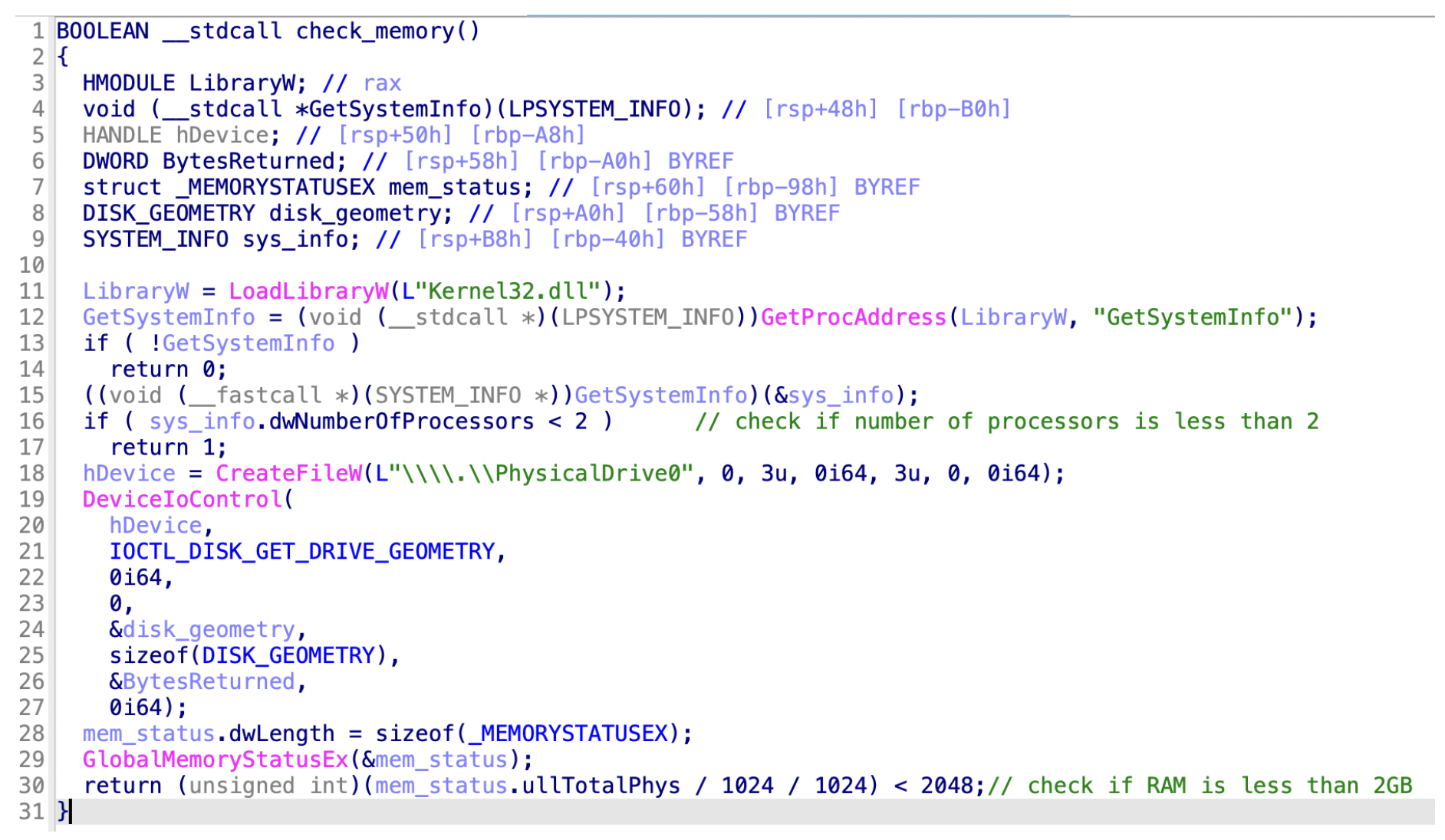 Image 10 is a screenshot of many lines of code where the malware is checking if there are more than two processors available, and also checks memory availability. This allows the malware to see whether the target system is a desktop PC or is running inside a sandbox.