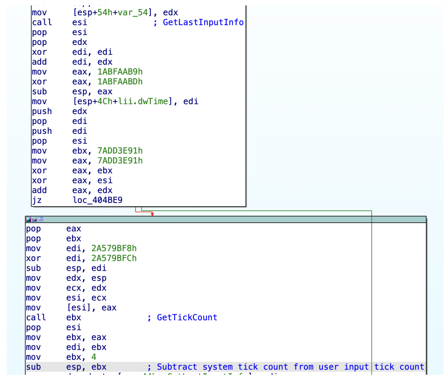 Image 7 is a screenshot of a dissembler demonstrating how malware may obtain time elapsed for both system start and since last user input.