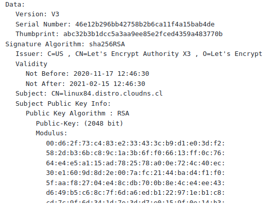 Image 15 is a screenshot of the SSL certificate for linux84.distro.cloudns.cl.