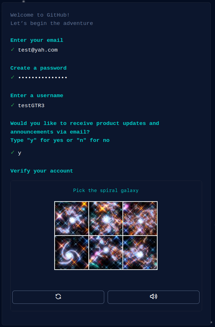 Image 3 is a screenshot of a CAPTCHA challenge on GitHub asking the user to select a spiral galaxy. 