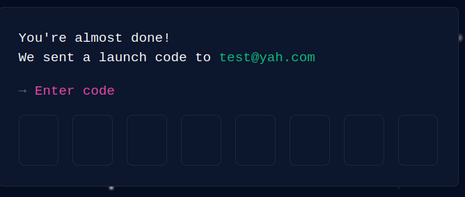 Image 7 is a screenshot of GitHub requesting a launch code with the text “You’re almost done! We sent a code to test@yah.com” with an arrow indicating where to enter the code. 