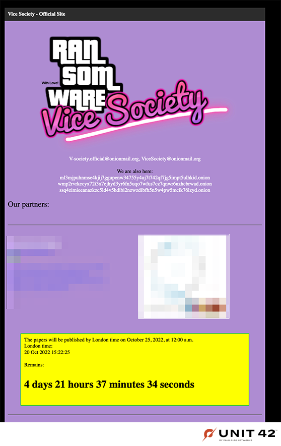Figure 8 is a screenshot of the Vice Society active leak mirror website. It is purple with imitation Grand Theft Auto branding. It shows a highlighted countdown indicating when ransomed material will be released. 