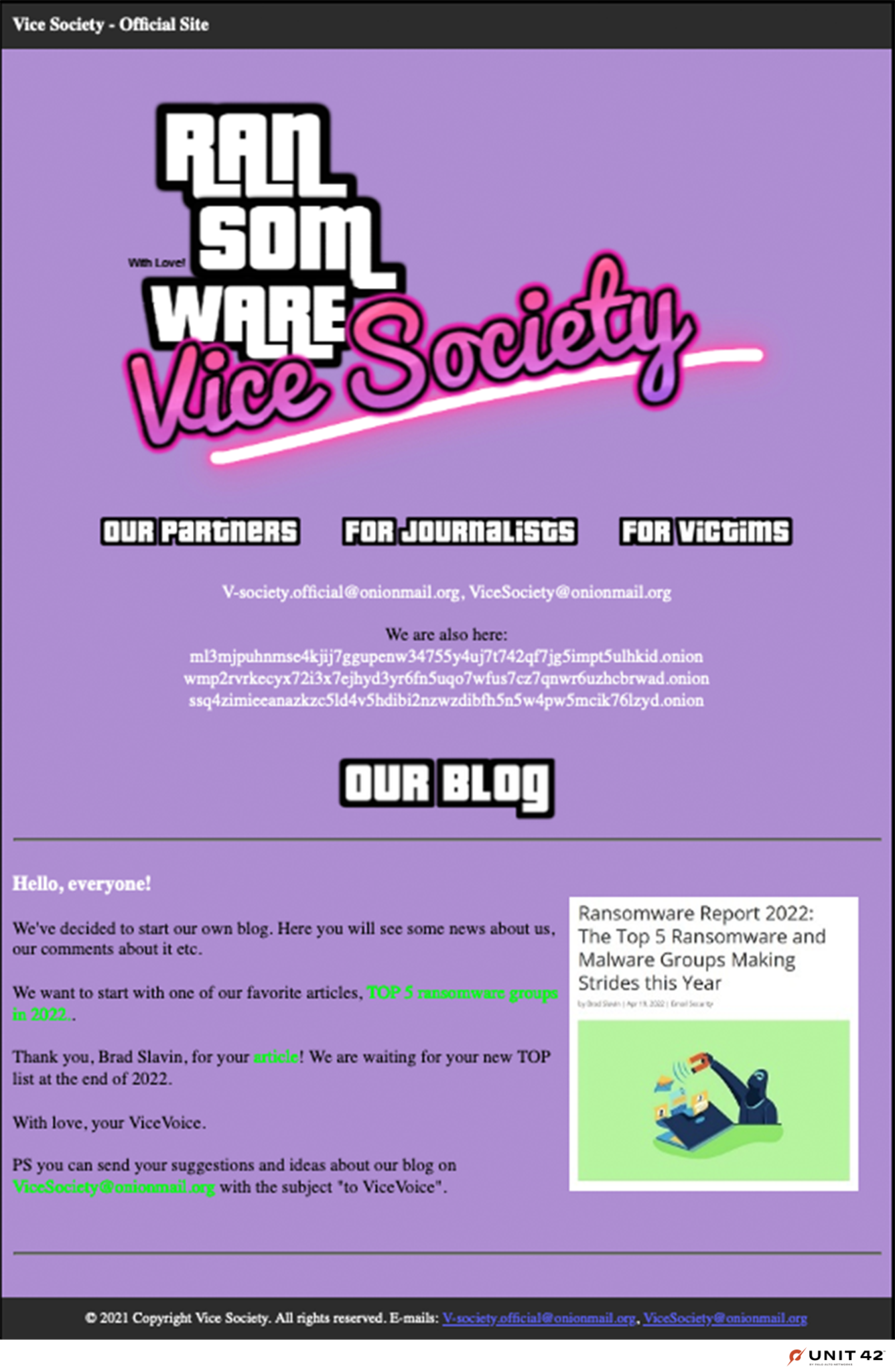 Figure 9 is a screenshot of Vice Society's "Our Blog" section highlighting press received by the gang and requesting more press tips. 