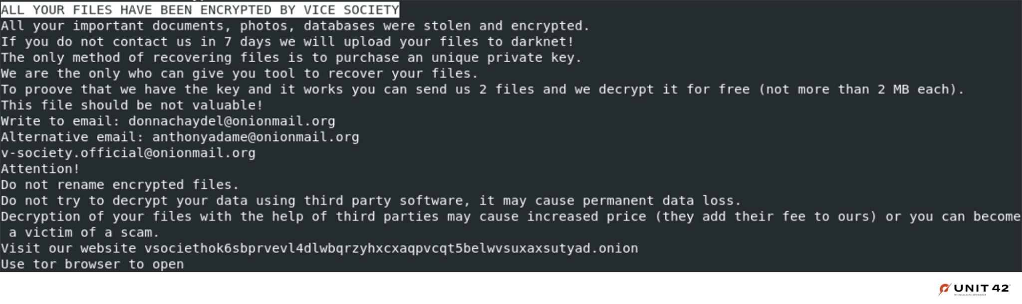 Figure 12 is a screenshot of a ransom note from Vice Society using HelloKitty ransomware. It details what was stolen, how to recover files, how prove encryption, how to make contact, what steps to avoid, and a request to visit the Vice Society website using Tor. 