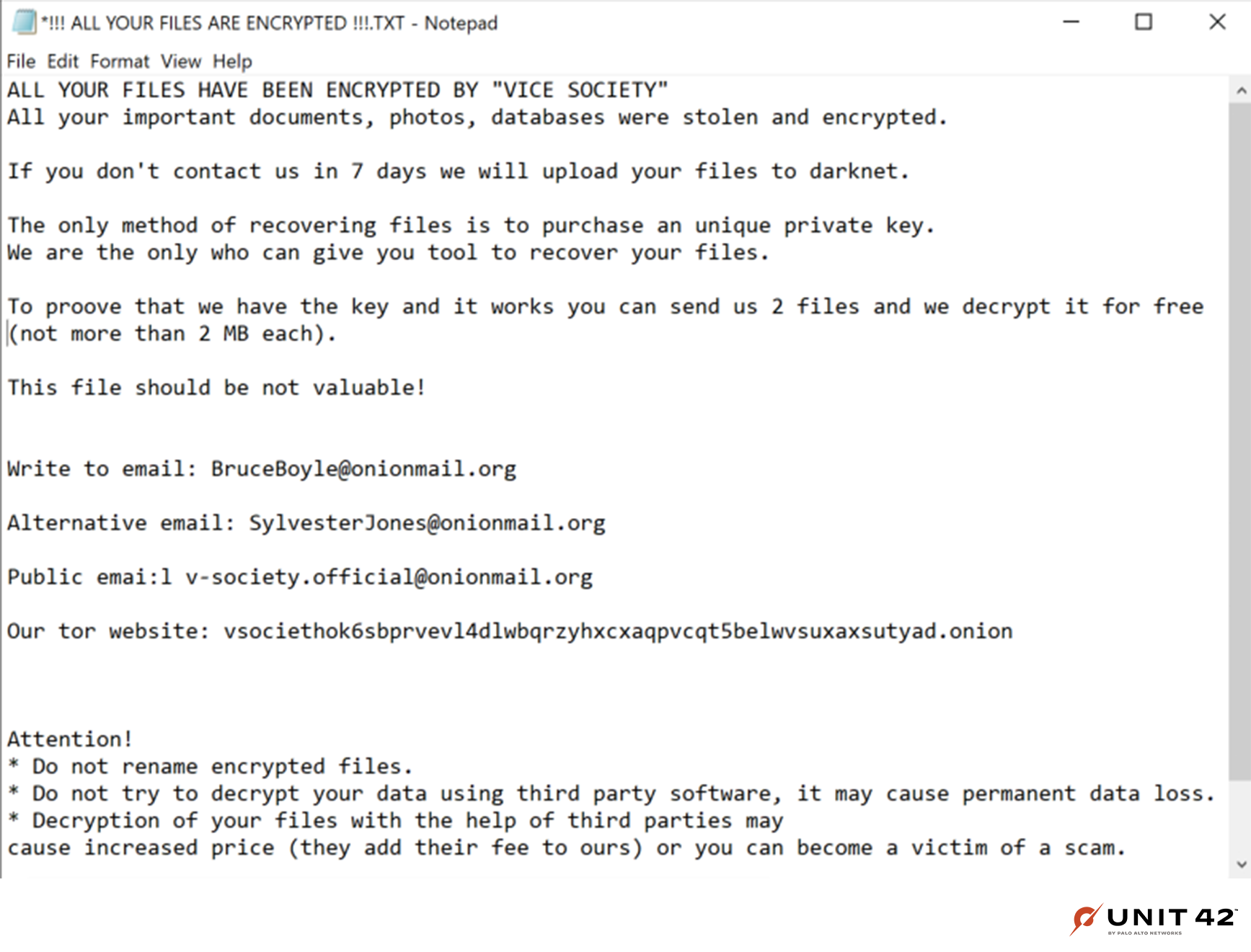 Figure 13 is a screenshot of a Vice Society ransom note using Zeppelin ransomware. It details what was encrypted, how to recover the encrypted files, who to contact, and what steps to avoid. 