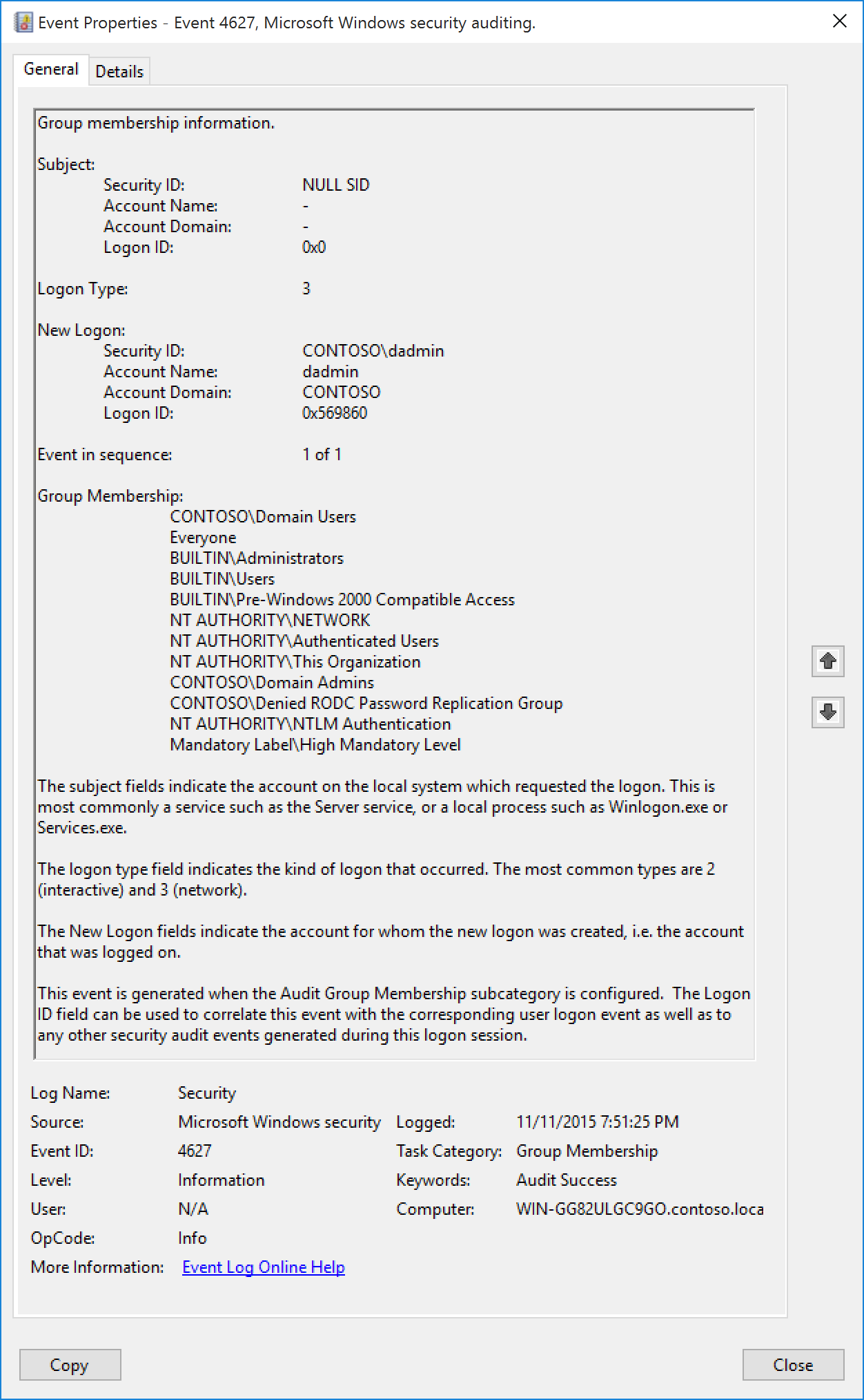 Image 7 is a screenshot of Windows Event 4627. The window title is "Event Properties - Event 4627, Microsoft Windows security auditing." 