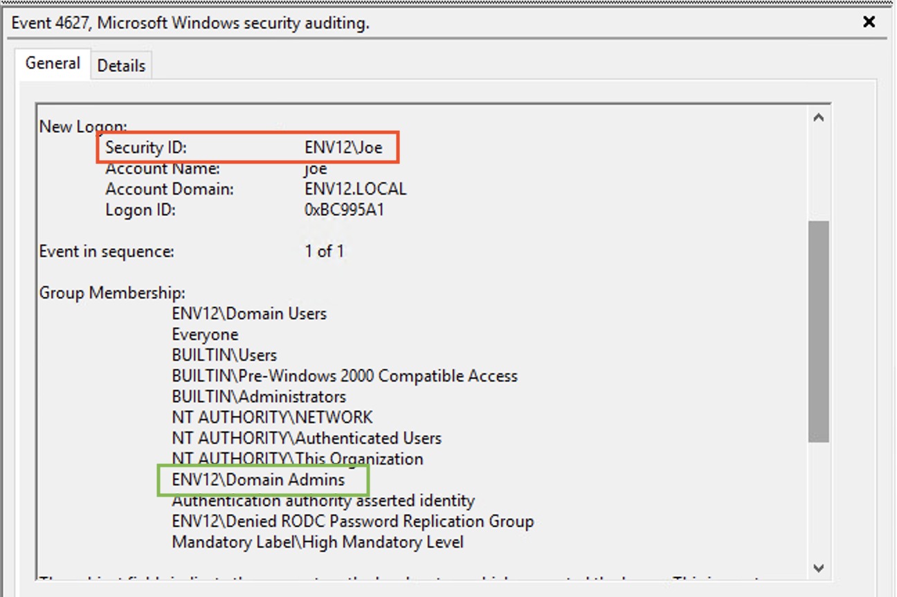 Image 8 is a screenshot of how low-privileged users appear in Windows Event 4627. Highlighted is Joe's name along with Joe's membership access as a domain admin. 