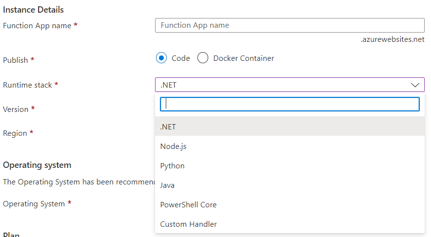 Image 1 is a screenshot of Azure Serverless Functions displaying form fields for different runtimes. The two sections of the field are Instance Details and Operation system. 