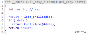 A screenshot of the modified curl_easy_cleanup export function showing 9 lines of code with int __cdel curl_easy_cleanup(Curl_easy *data) highlighted. 