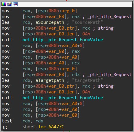 Image 8b is a screenshot of multiple lines of code demonstrating how the function init_server_pkg_mount_BindMount parses sourcePath and targetPath from an HTTP request. 