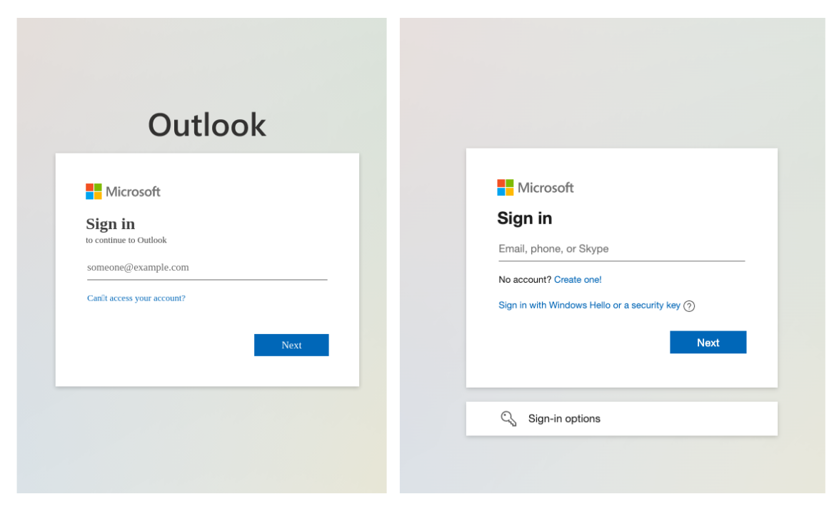 Image 2 is a screenshot comparing two Microsoft login pages. The image on the left is a fake login page that does not use the correct fonts, but the look itself is very close to a real login page and includes Microsoft's logo. The image on the right is the authentic login page as of late November 2022.