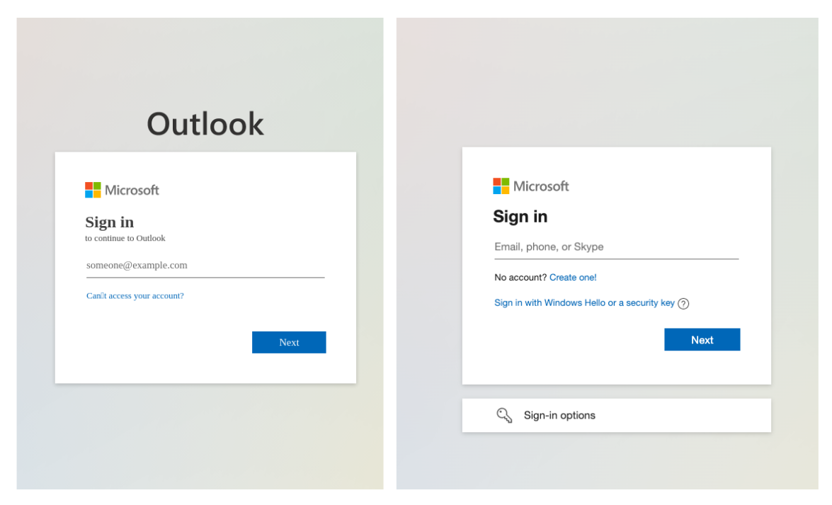 A imagem 2 é uma captura de tela comparando duas páginas de login da Microsoft.  A imagem à esquerda é uma página de login falsa que não usa as fontes corretas, mas a aparência em si é muito próxima de uma página de login real e inclui o logotipo da Microsoft.  A imagem à direita é a página de login autêntica no final de novembro de 2022.