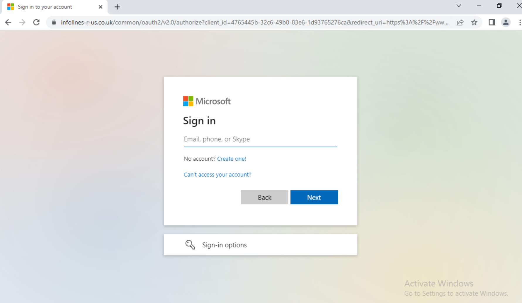 A imagem 8 é uma captura de tela de um URL de phishing direcionado à Microsoft.  Ele mostra a página de login da Microsoft.