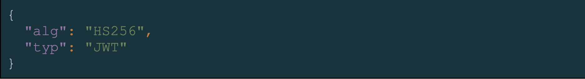 Image 1 is a screenshot of two lines of code enclosed in curly brackets. The first line is “alg: HS256” and the second line is “top” JWT.”