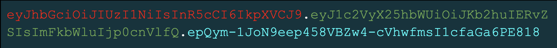 Image 3 is a screenshot of a JSON web token string with the different parts, header, payload and signature red, green and cyan respectively. 