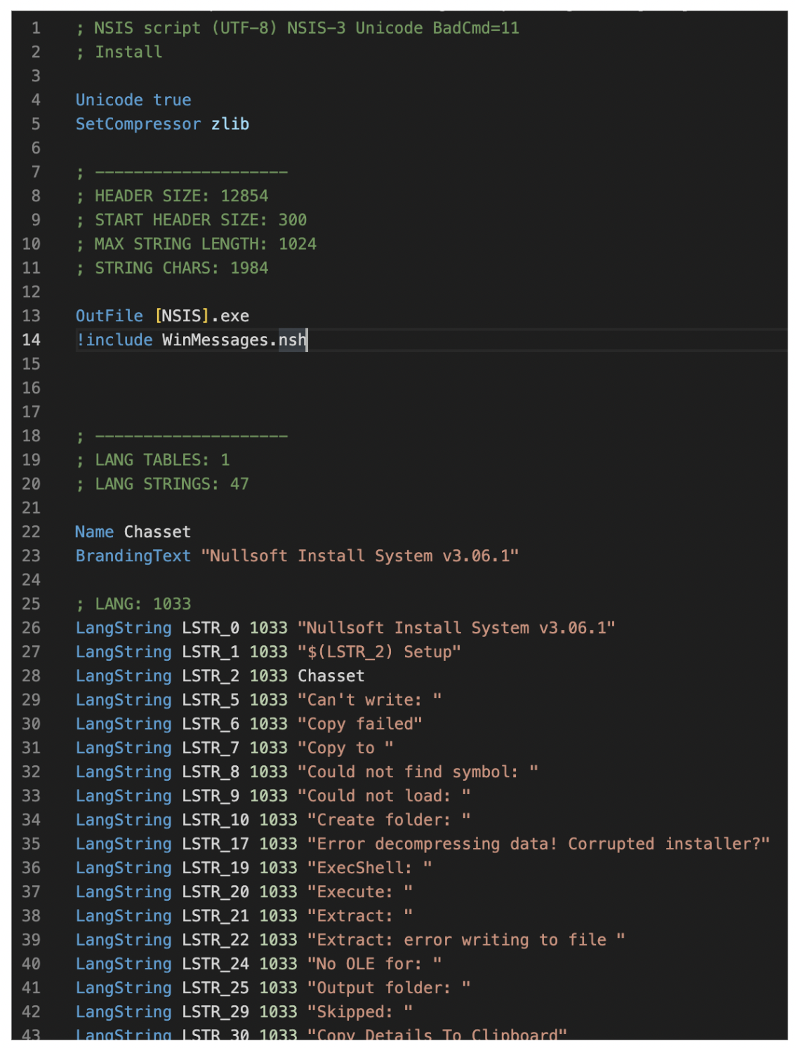 Image 1 is a screenshot of many lines of code the NSIS script, prepared to analyze.