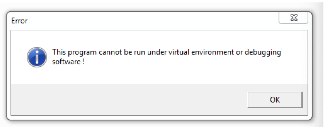 Image 6 is a screenshot of a Windows popup notification with the message “This program cannot be run under virtual environment or debugging software !” 