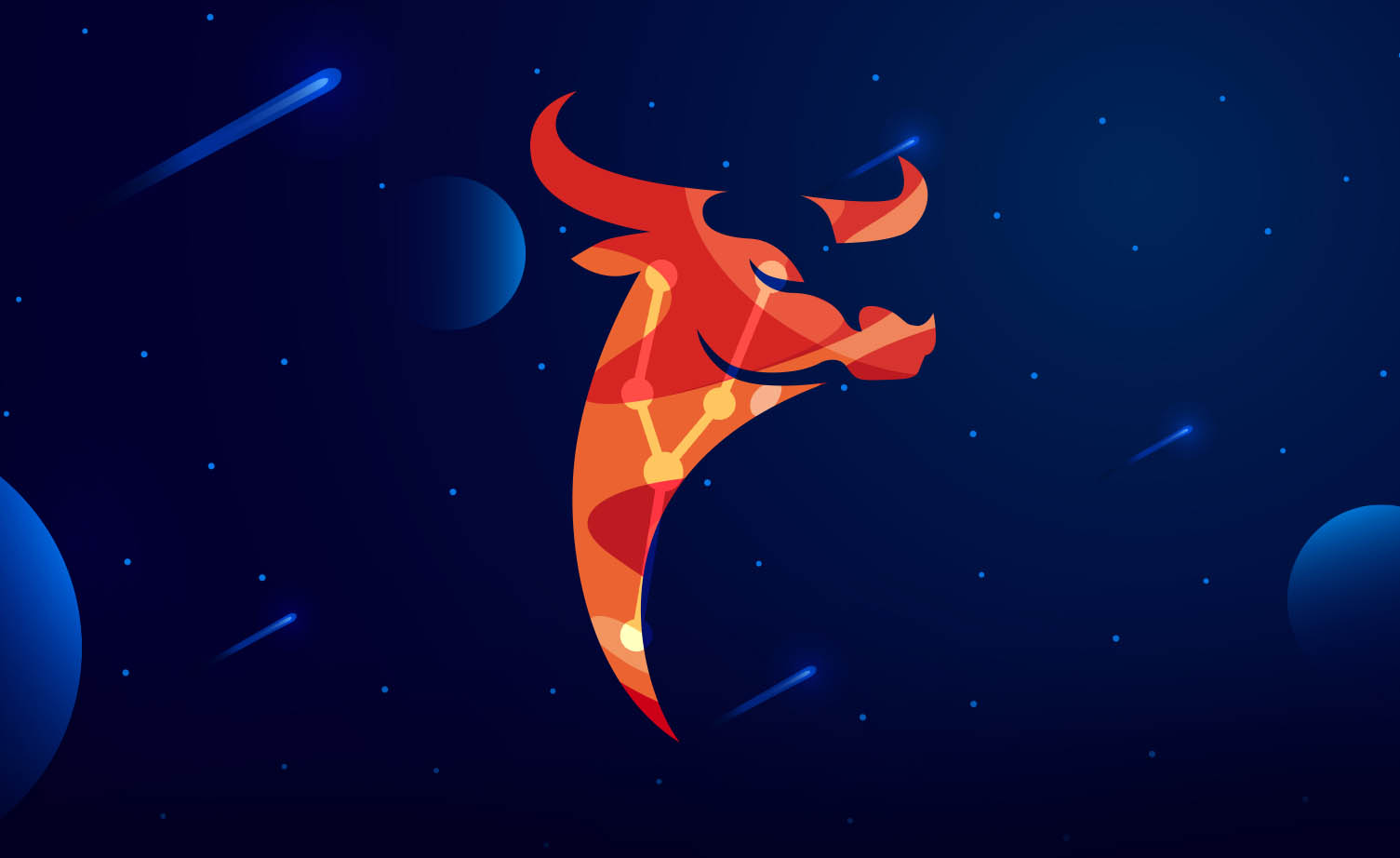 A pictorial representation of the threat actor group Playful Taurus showing an illustration of an orange bull’s head against the background of a blue night sky. Included is the constellation of Taurus.