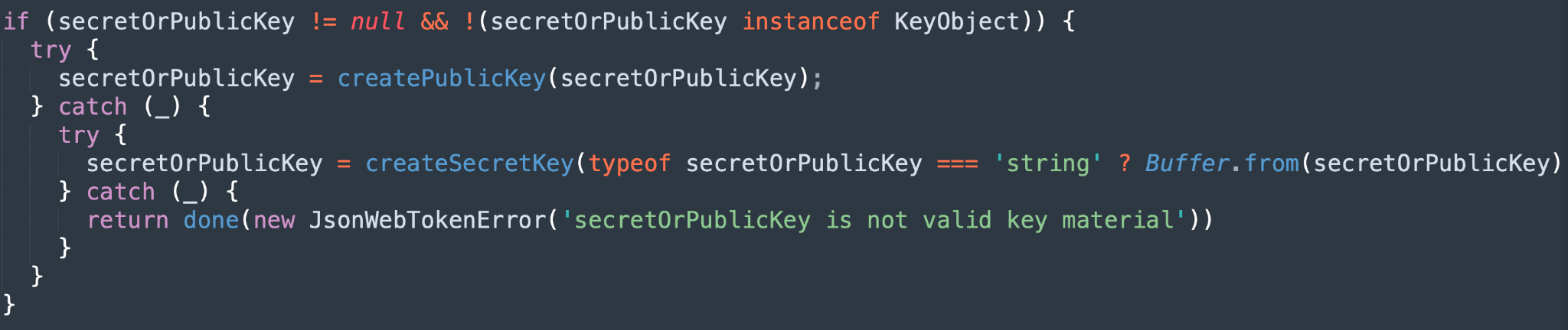 Image 9 is a screenshot of multiple lines of code. It is the JsonWebToken patch released with version 9.0.0 where checks for the type of secretOrPublickey are now in place.