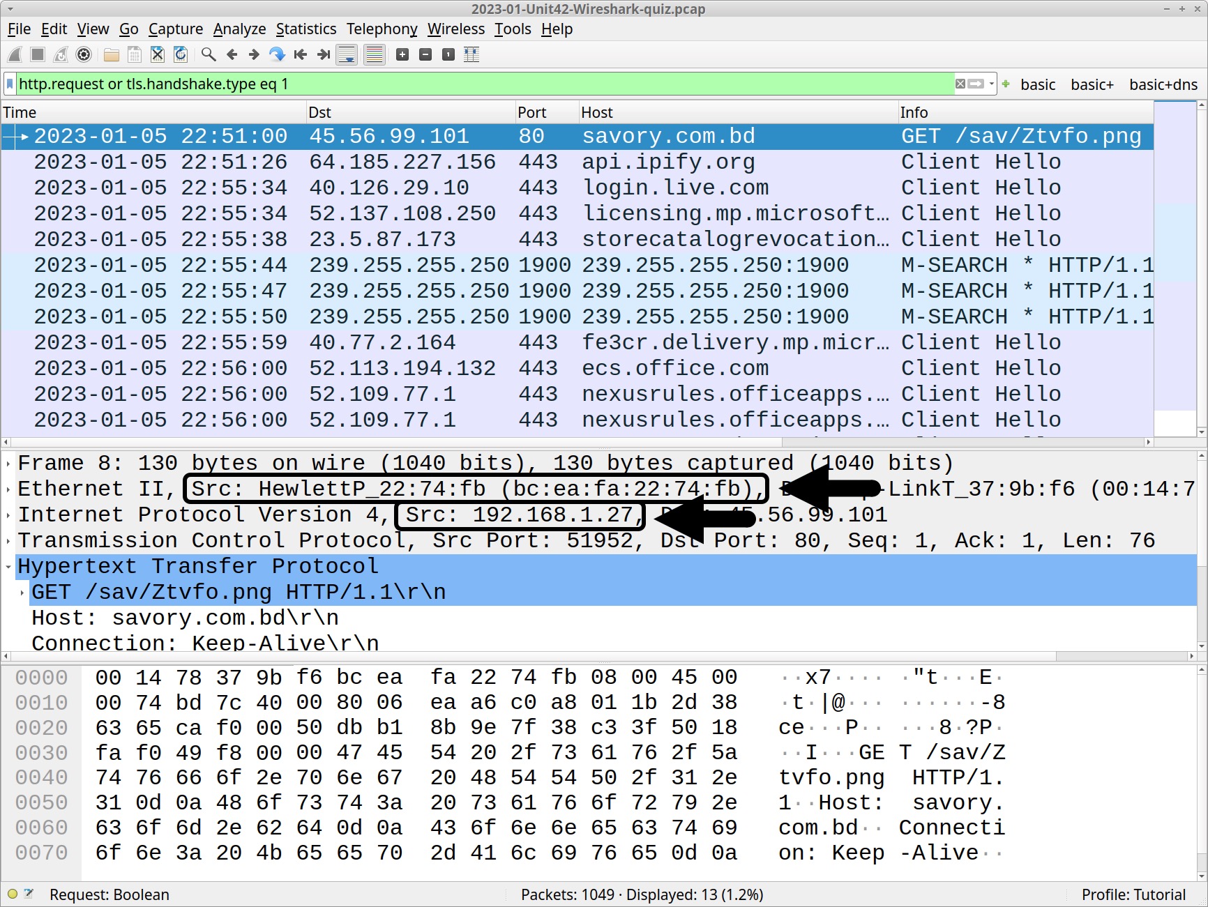 Image 2 is a screenshot of the Wireshark program. Highlighted in boxes and with arrows are the victim’s IP address and MAC address in the program.