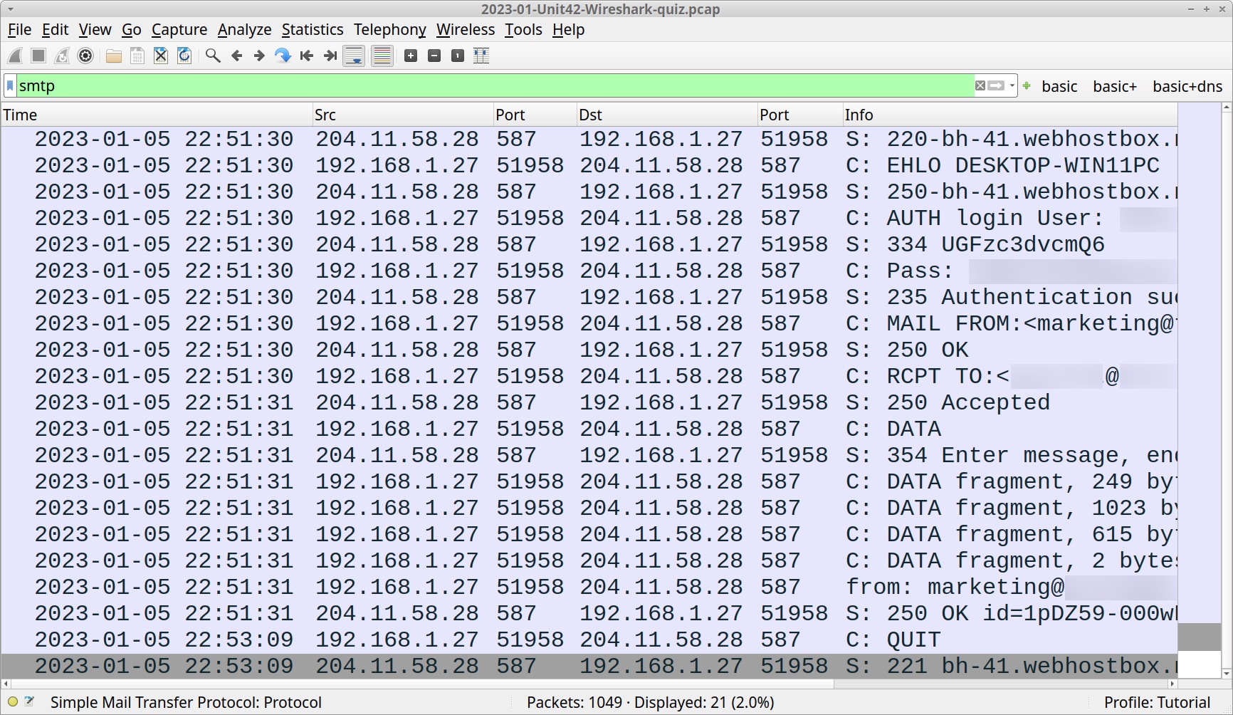 Image 4 is a screenshot of the Wireshark program. This shows the SMTP traffic from the cpap. 