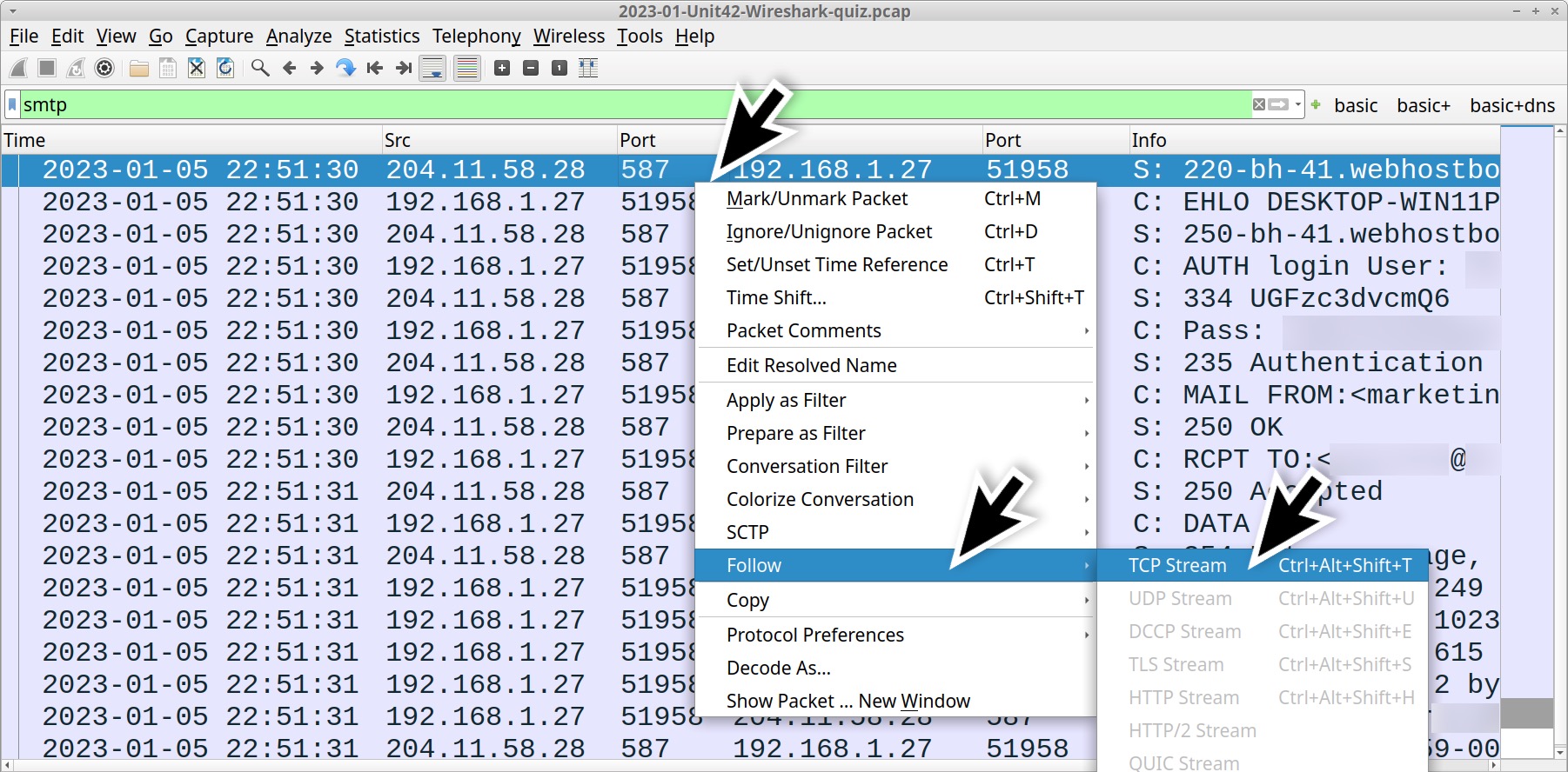 Image 5 is a screenshot of the Wireshark program. Arrows highlight menu windows that show how to follow a single TCP stream.