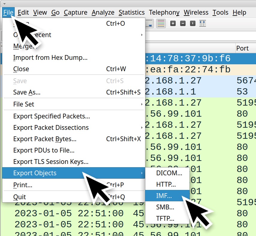 Image 7 is a screenshot of the Wireshark program. It shows with arrows how to access the File menu that allows the user to export an IMF file.