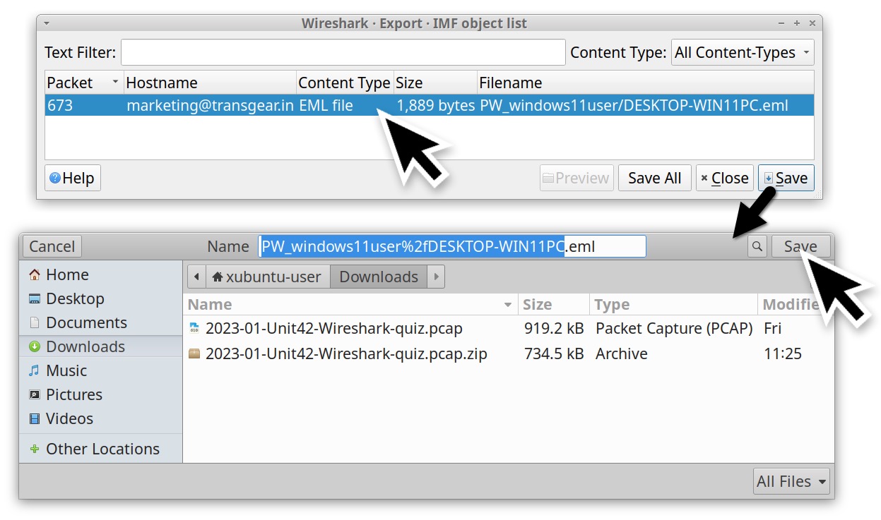 Image 8 is a screenshot of the Wireshark program. It shows two windows, showing the process to save an exported email as an .eml file.