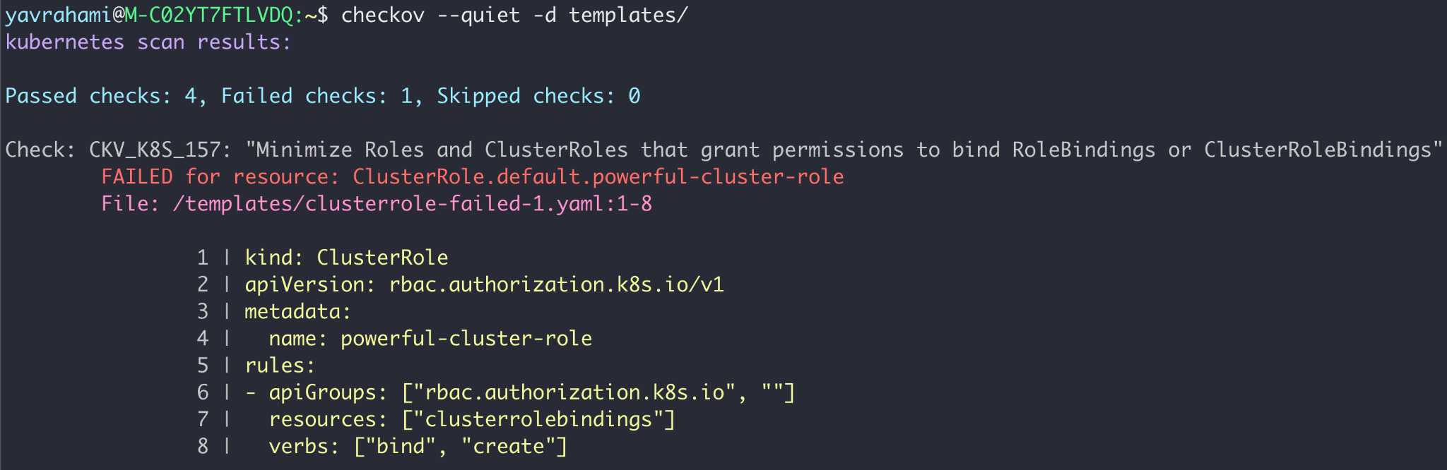 Image 6 is a screenshot of many lines of code where Chekhov, a cloud CL infrastructure scanner, alerts on a ClusterRole configured with powerful permissions. It has warned of on over-powered role. 