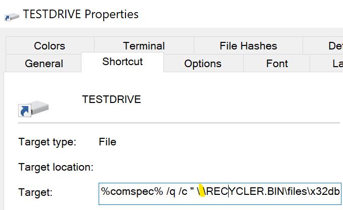 Image 2 is a screenshot of Windows Explorer, showing the Shortcut tab in the USB drive properties (named TESTDRIVE). It lists the target type, location and Target, where the target shows the hidden directory with extended ASCII characters. 