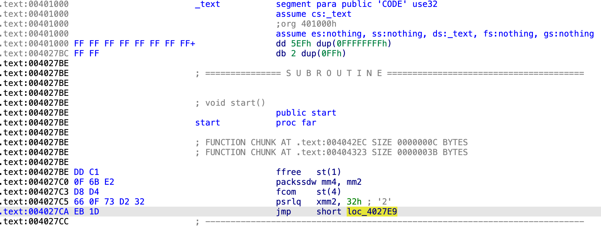 Image 5 is a screenshot of many lines of code showing the generated PE file at entry point in IDA Pro. Highlighted is “loc_4027E9.”