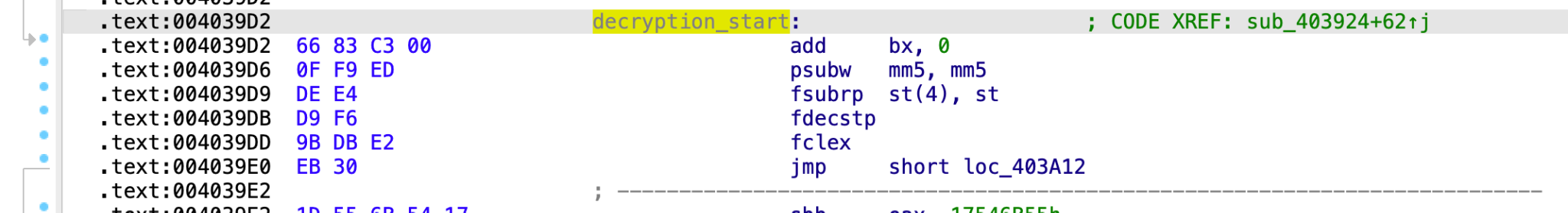 Image 7 is is a screenshot of many lines of code showing the first stage of shellcode. Highlighted is “decryption_start.”