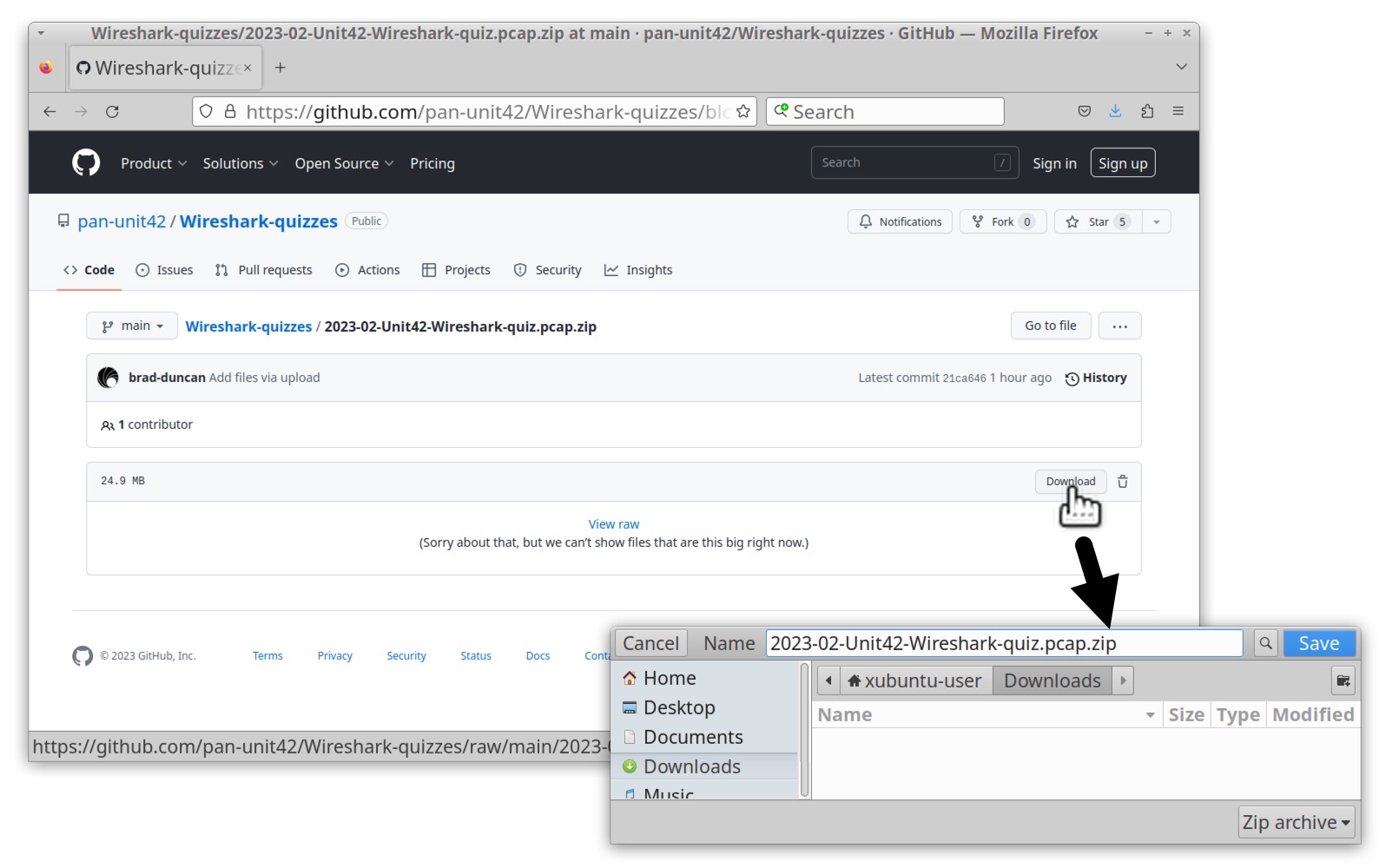 Image 1 is a screenshot of Wireshark software showing where to click to download the ZIP archive from GitHub. The inset window shows where to put the zip file name.