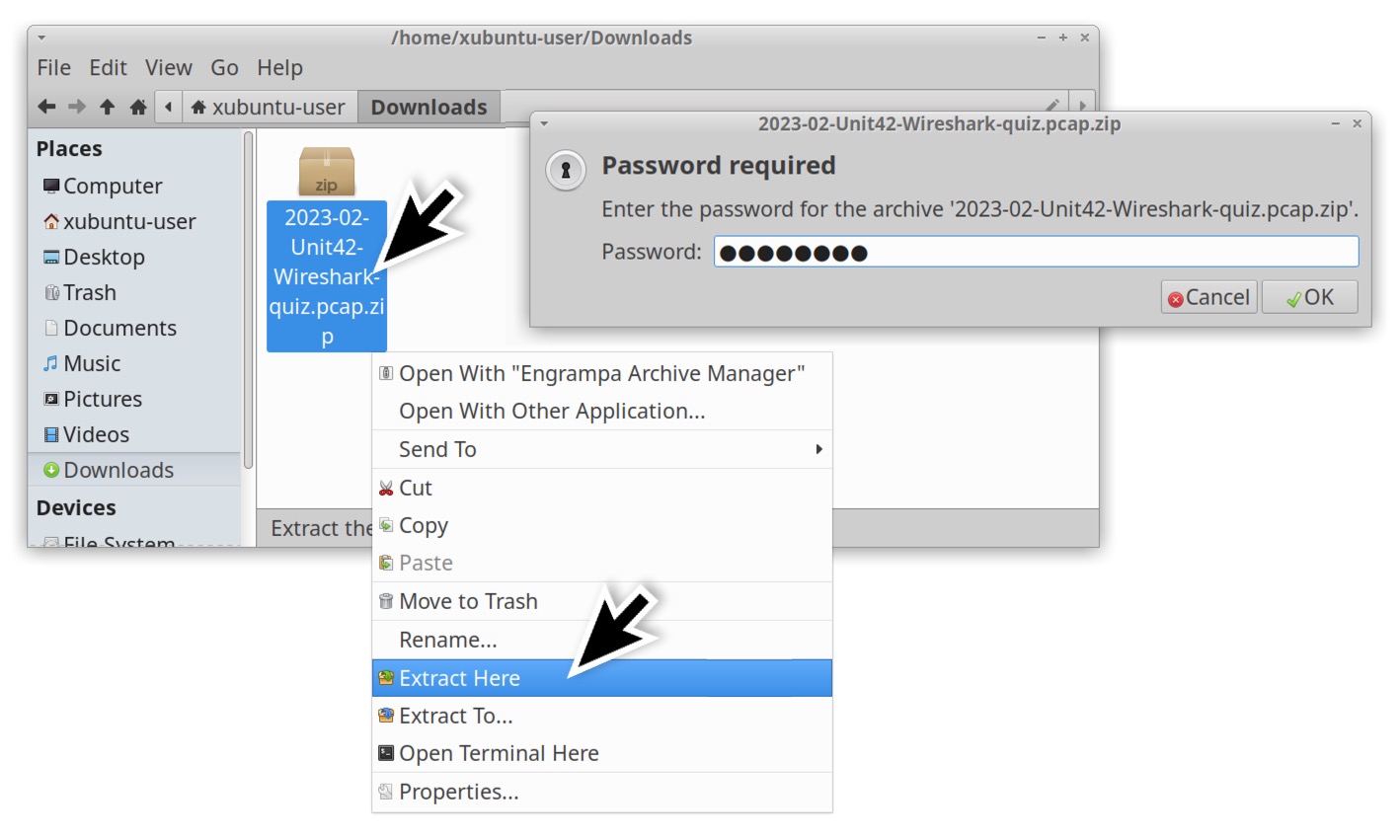 Image 2 shows how to extract the password-protected .zip archive from the download folder, entering the password and specifying the extraction location.