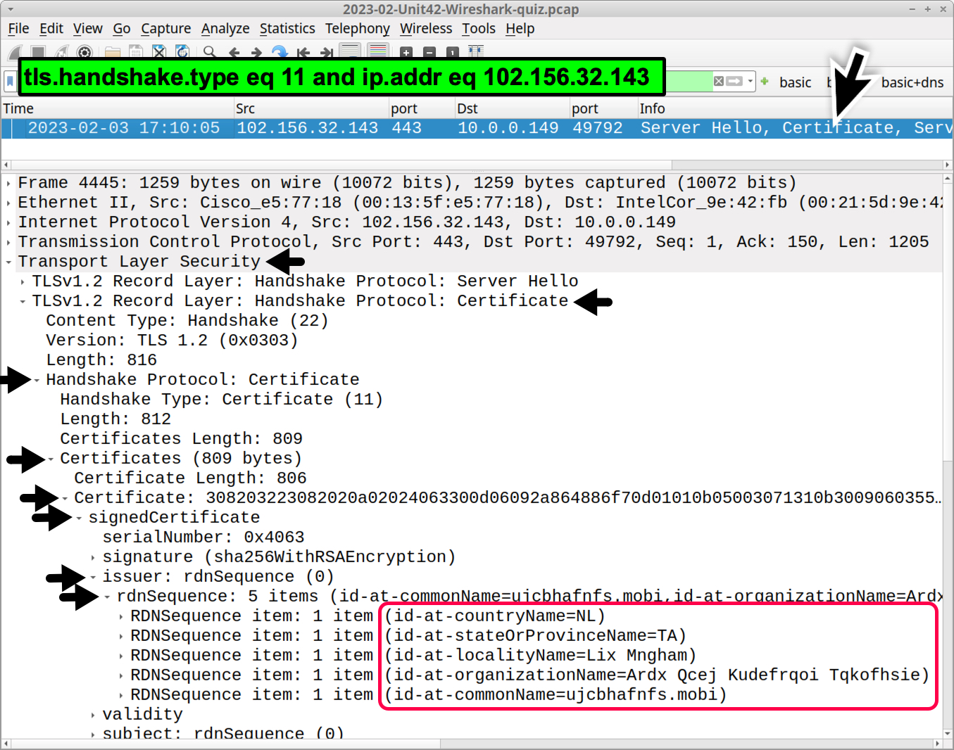 Image 9 is a screenshot of Wireshark highlighting, in red, the rdnSequence section of the certificate issuer data (highlighted with arrows).
