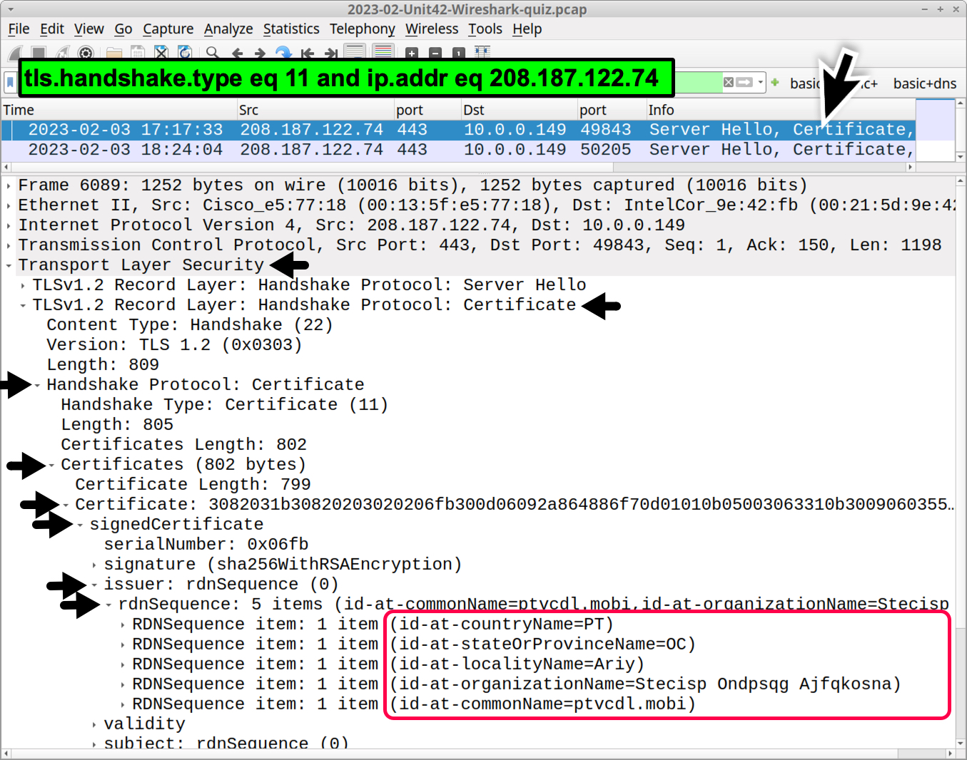 Image 10 is a screenshot of Wireshark highlighting, in red, the rdnSequence section of the certificate issuer data (highlighted with arrows).
