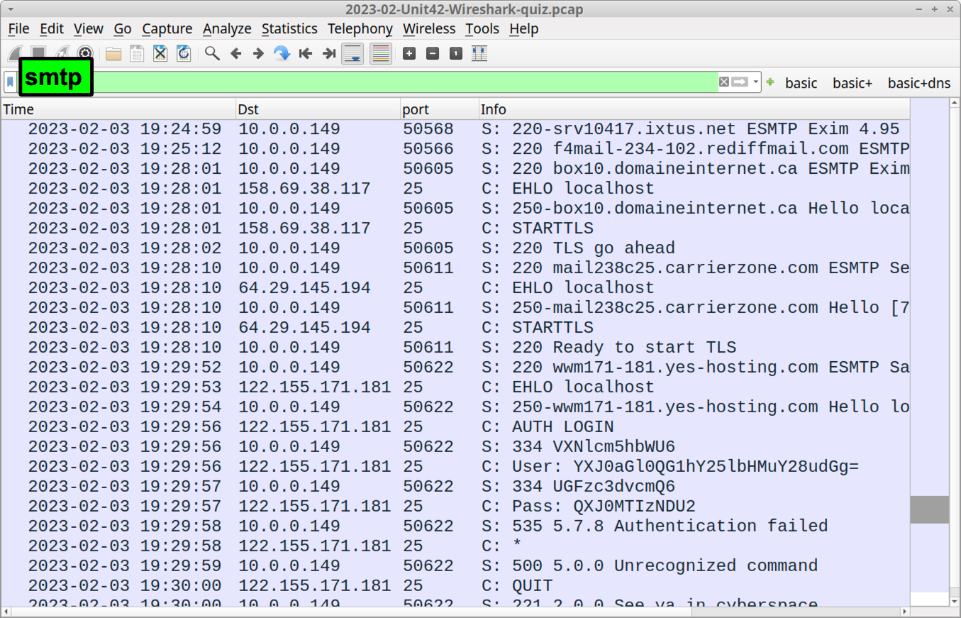 Image 13 is a screenshot of Wireshark showing the filtered unencrypted SMTP traffic.